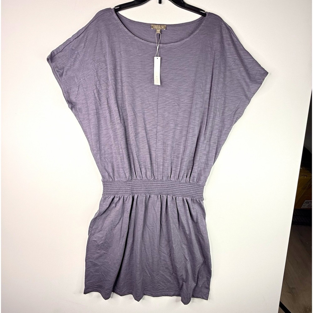 Lilla P Women's Gray Scoop Neck Dolman Short Sleeve Smocked Knit Dress XL NWT